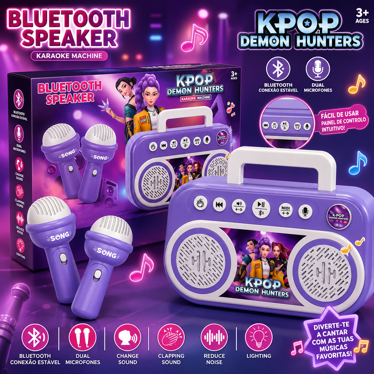 🎤🎶 Coluna Karaoke Bluetooth K-Pop Demon Hunters com 2 Microfones