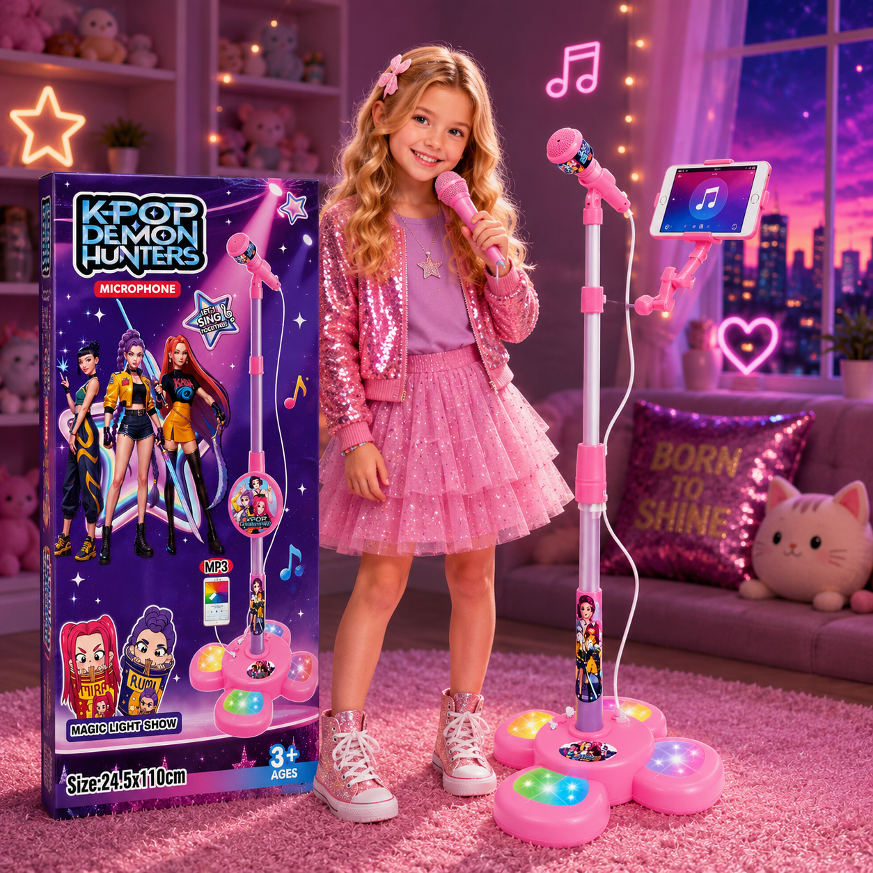 🎤 Microfone K-Pop Demon Hunters com Suporte e Luzes