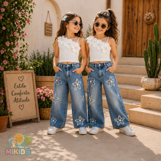 Calças Ganga Wide Leg Bordado Floral
